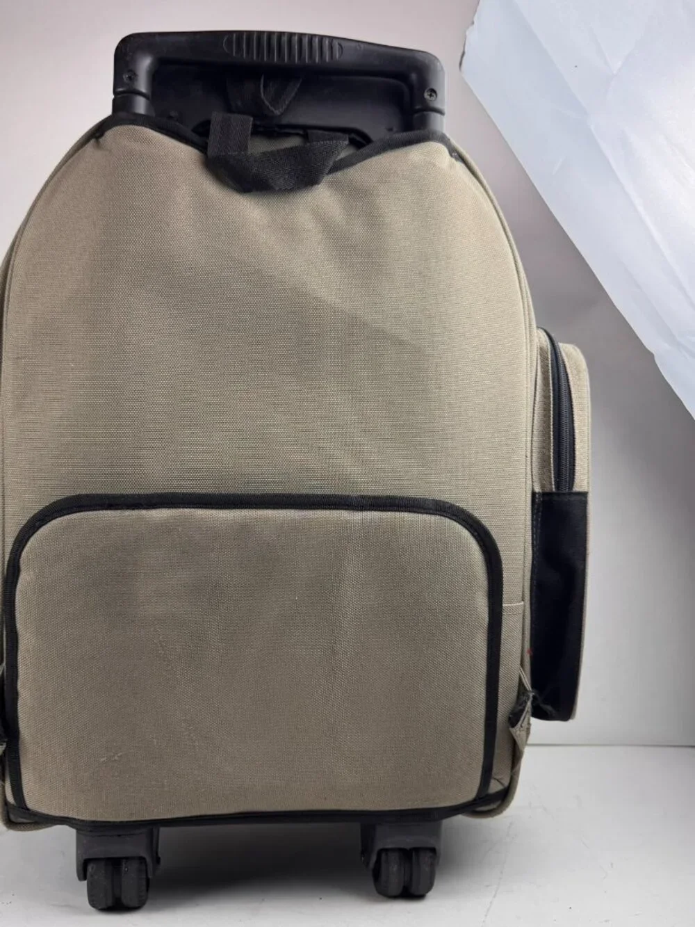 boy london rolling backpack tan wheeled suitcase travel bag tear fraying flaw